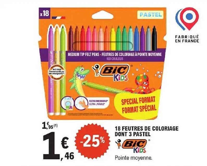 18 FEUTRES DE COLORIAGE DONT 3 PASTEL BIC KIDS Pointe moyenne.