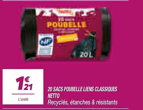 20 SACS POUBELLE LIENS CLASSIQUES NETTO Recyclés, étanches & résistants