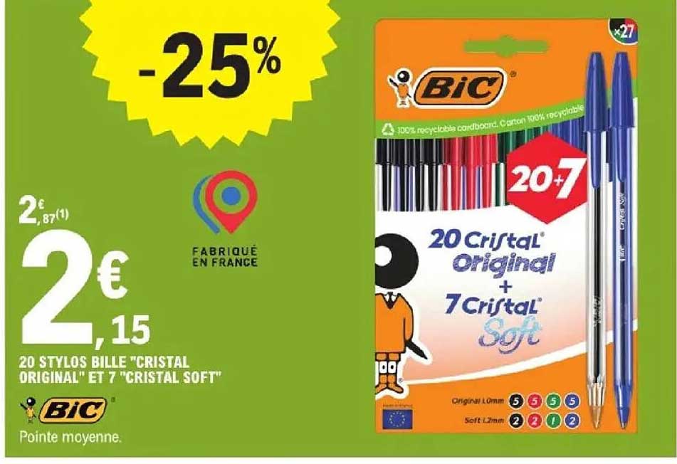 20 STYLOS BILLE "CRISTAL ORIGINAL" ET 7 "CRISTAL SOFT"