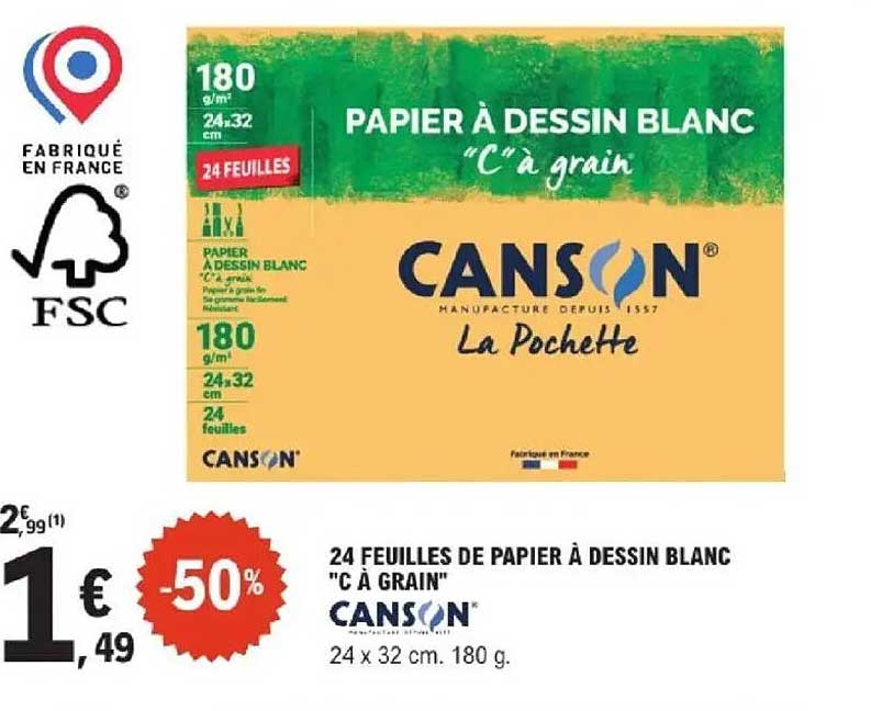 24 FEUILLES DE PAPIER À DESSIN BLANC "C" À GRAIN" CANSO N