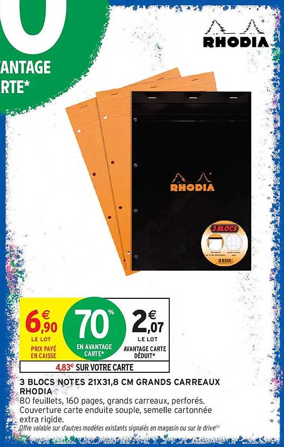 3 BLOCS NOTES 21X31,8 CM GRANDS CARREAUX RHODIA