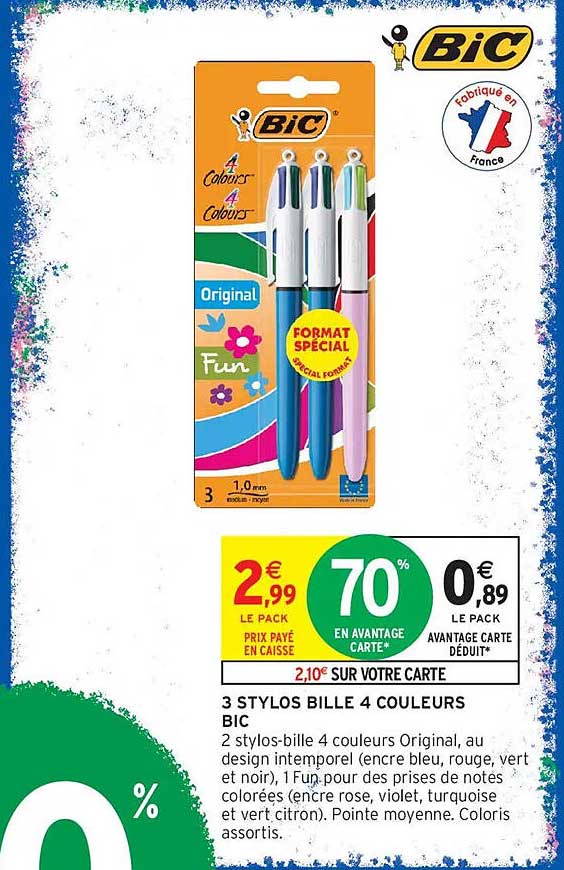 3 STYLOS BILLE 4 COULEURS BIC