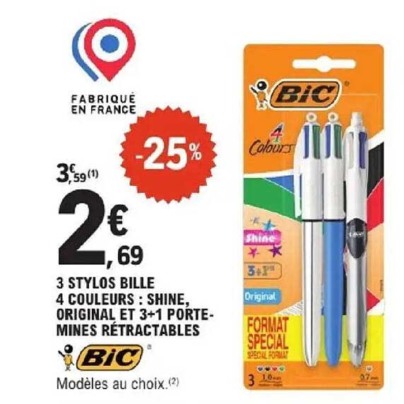 3 STYLOS BILLE 4 COULEURS : SHINE, ORIGINAL ET 3+1 PORTE-MINES RÉTRACTABLES