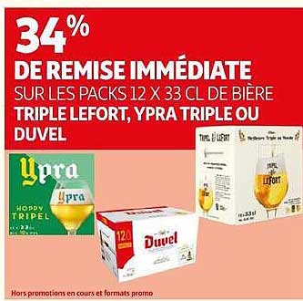 34% DE REMISE IMMÉDIATE SUR LES PACKS 12 X 33 CL DE BIÈRE TRIPLE LEFORT, YPRA TRIPLE OU DUVEL