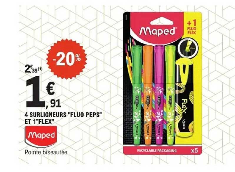 4 Surligneurs "Fluo Peps" et 1 "Flex"