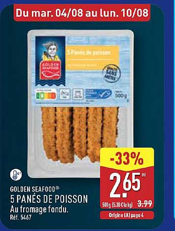 5 PANÉS DE POISSON Au fromage fondu.