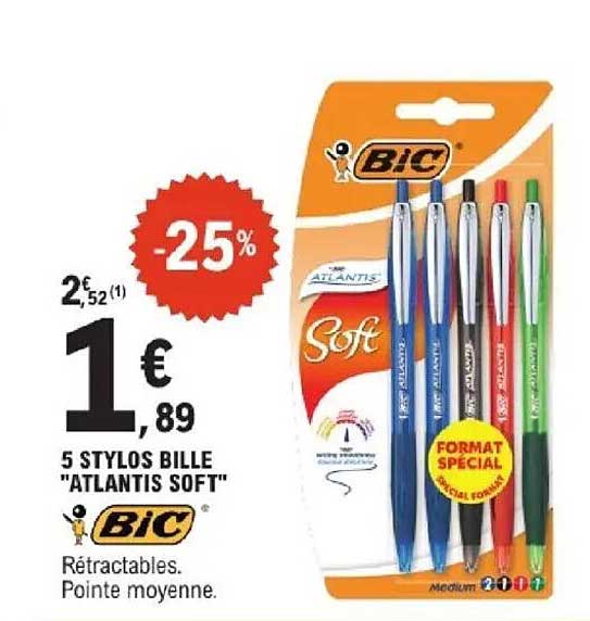 5 STYLOS BILLE "ATLANTIS SOFT" BIC
