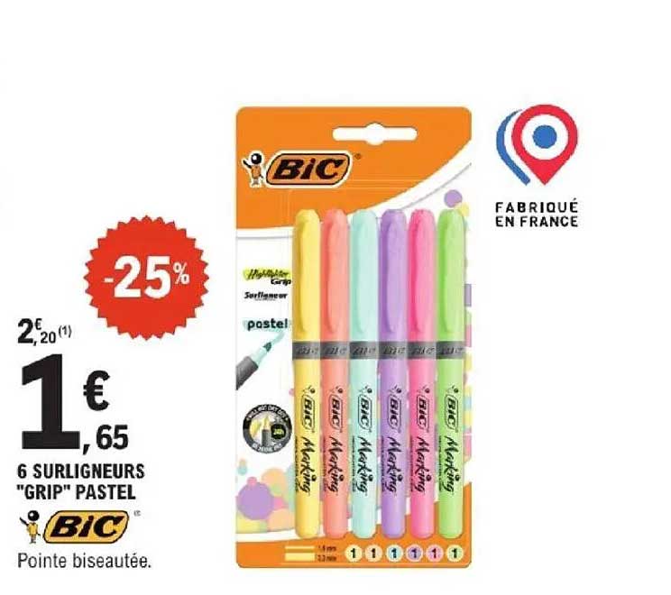 6 Surligneurs "GRIP" PASTEL BIC