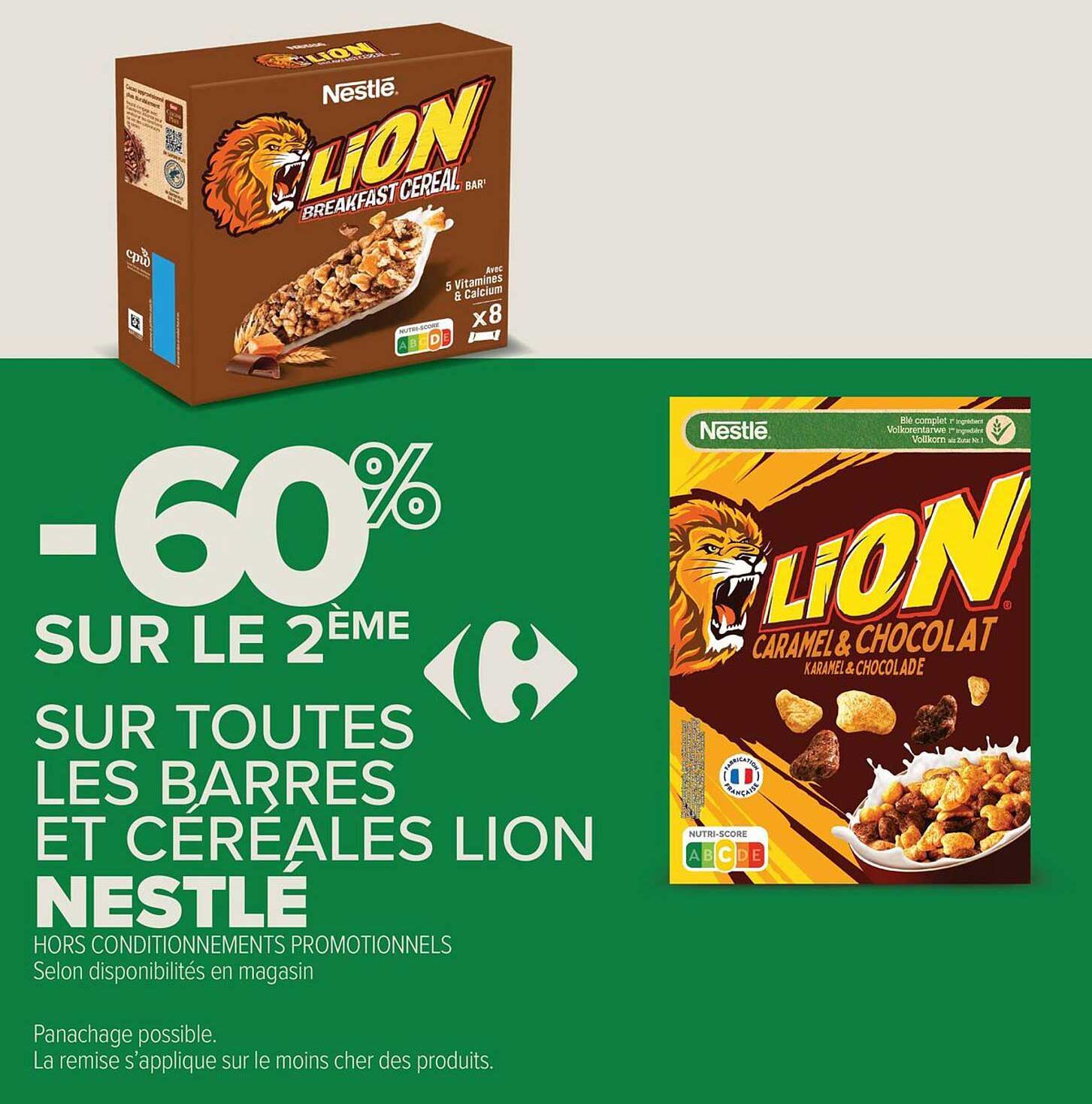 -60% SUR LE 2ÈME SUR TOUTES LES BARRES ET CEREALES LION NESTLE