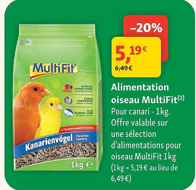 Alimentation oiseau MultiFit(2) Pour canari - 1kg. Offre valable sur une sélection d’alimentations pour oiseau MultiFit 1kg (1kg = 5,19€ au lieu de 6,49€)
