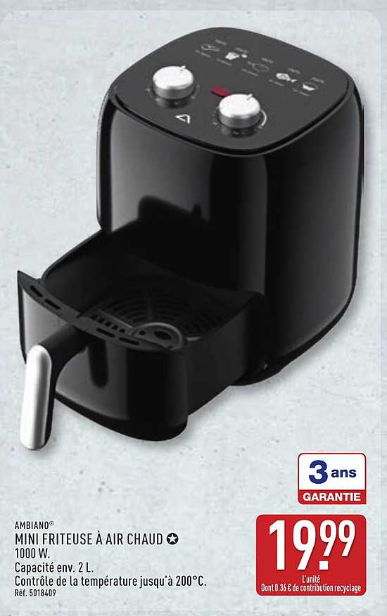 AMBIANO® MINI FRITEUSE À AIR CHAUD 1000 W. Capacité env. 2 L. Contrôle de la température jusqu'à 200°C.