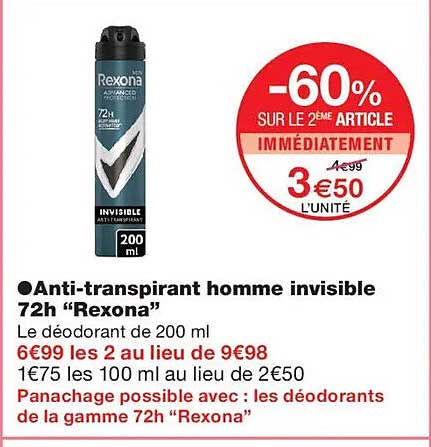 Anti-transpirant homme invisible 72h “Rexona”