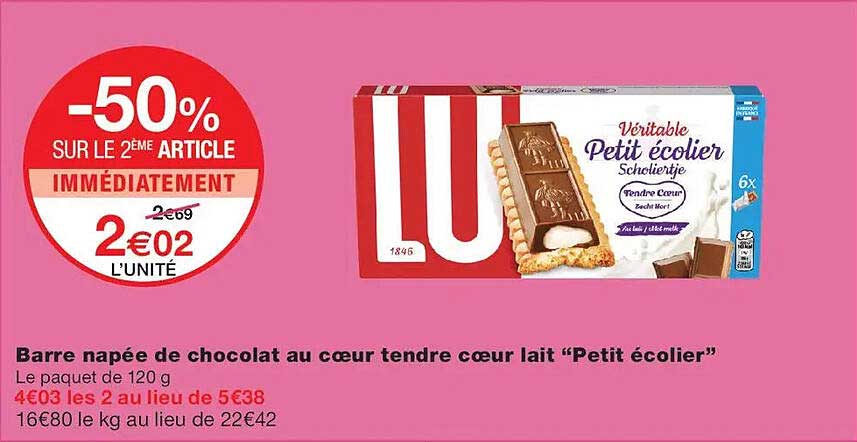 Barre nappée de chocolat au cœur tendre cœur lait “Petit écolier”