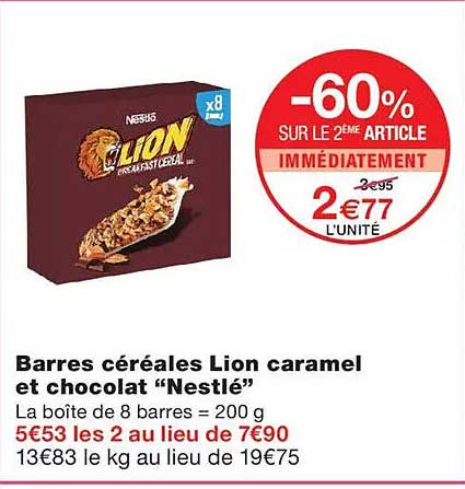Barres céréales Lion caramel et chocolat “Nestlé”
