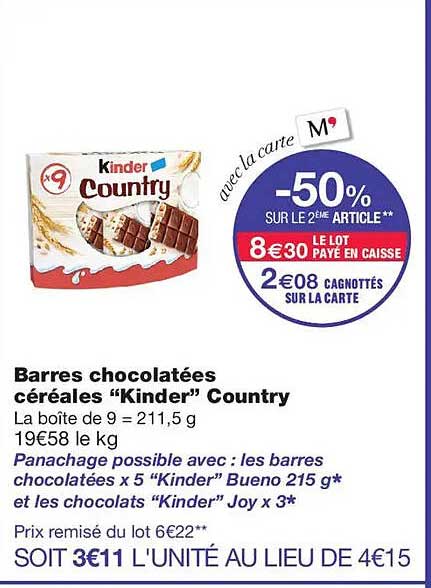Barres chocolatées céréales “Kinder” Country