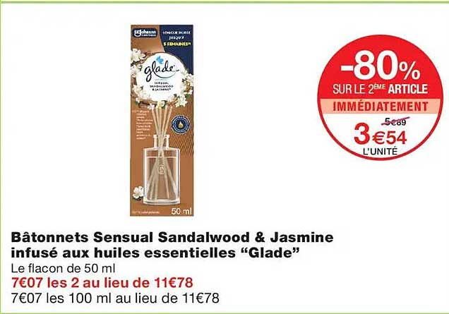 Bâtonnets Sensual Sandalwood & Jasmine infusé aux huiles essentielles “Glade”