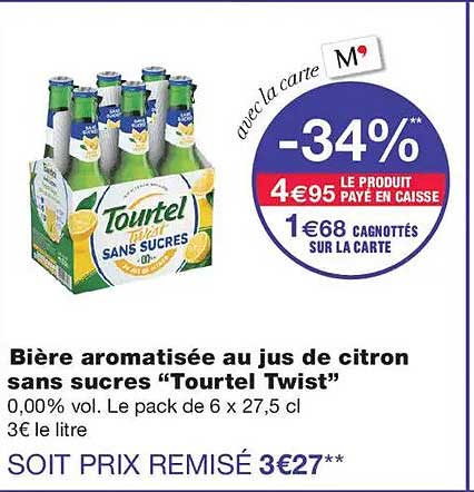 Bière aromatisée au jus de citron sans sucres “Tourtel Twist”