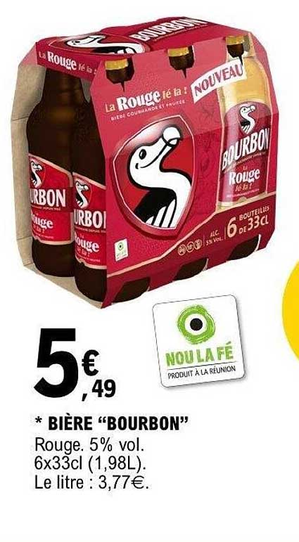 BIÈRE “BOURBON” Rouge, 5% vol. 6x33cl (1,98L). Le litre : 3,77€.