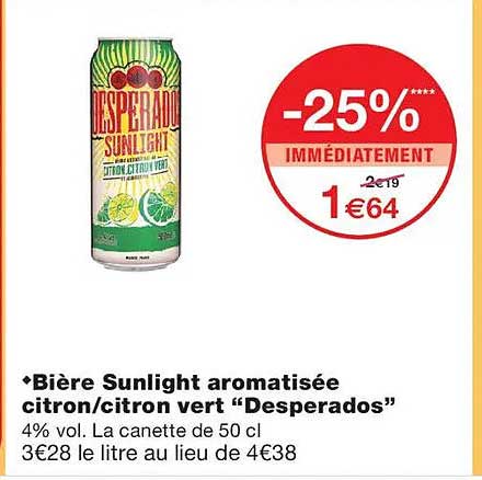 Bière Sunlight aromatisée citron/citron vert “Desperados”
