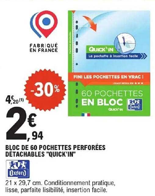 BLOC DE 60 POCHETTES PERFORÉES DÉTACHABLES "QUICK'IN"