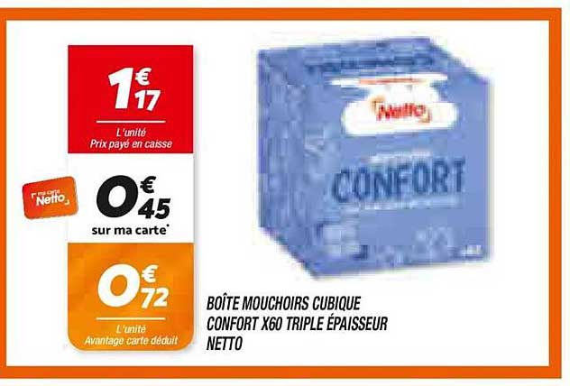 BOÎTE MOUCHOIRS CUBIQUE CONFORT X60 TRIPLE ÉPAISSEUR NETTO