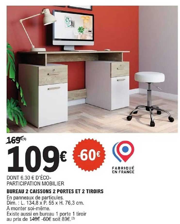 BUREAU 2 CAISSONS 2 PORTES ET 2 TIROIRS