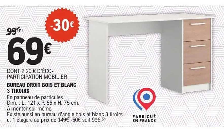 BUREAU DROIT BOIS ET BLANC 3 TIROIRS