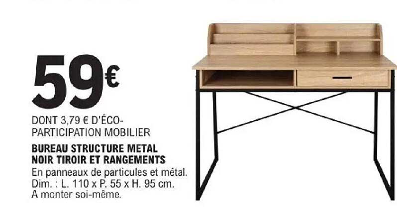 BUREAU STRUCTURE METAL NOIR TIROIR ET RANGEMENTS