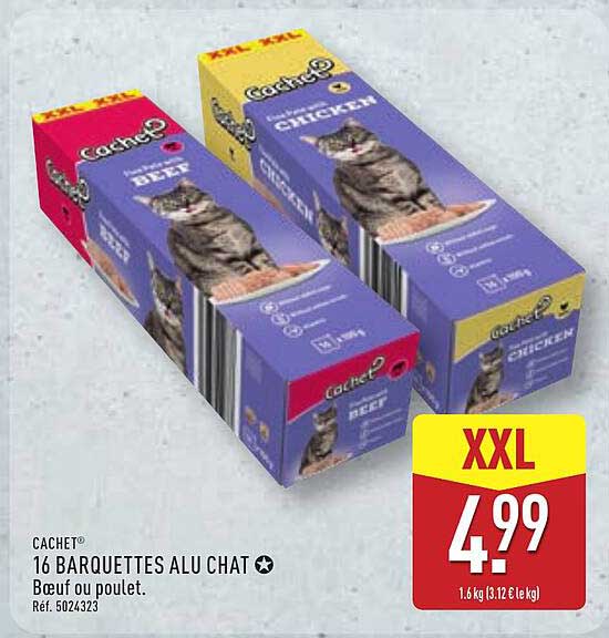 CACHET® 16 BARQUETTES ALU CHAT Bœuf ou poulet.