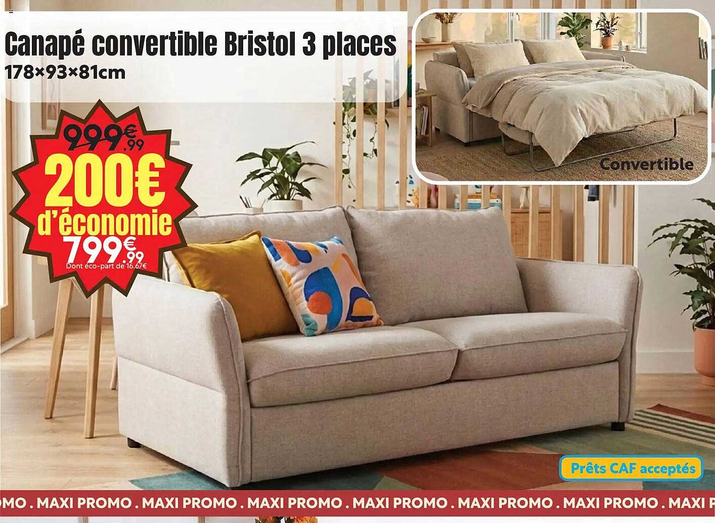 Canapé convertible Bristol 3 places 178×93×81cm