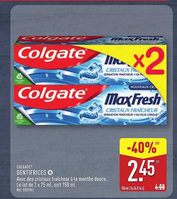 COLGATE DENTIFRICES Avec des cristaux fraîcheur à la menthe douce. Le lot de 2 x 75 ml, soit 150 ml. Réf. 5021941