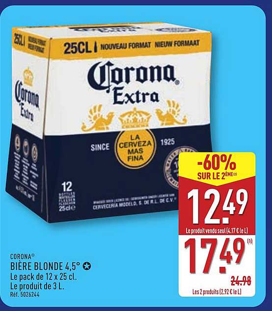 CORONA BIÈRE BLONDE 4,5° Le pack de 12 x 25 cl. Le produit de 3 L. Réf. 5026244