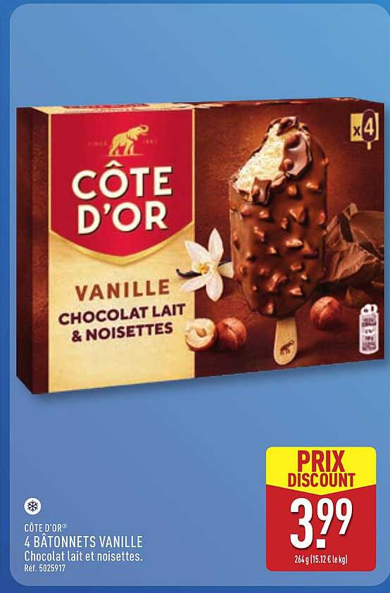 CÔTE D'OR 4 BÂTONNETS VANILLE Chocolat lait et noisettes.
