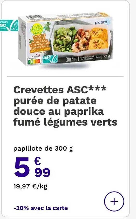 Crevettes ASC*** purée de patate douce au paprika fumé légumes verts