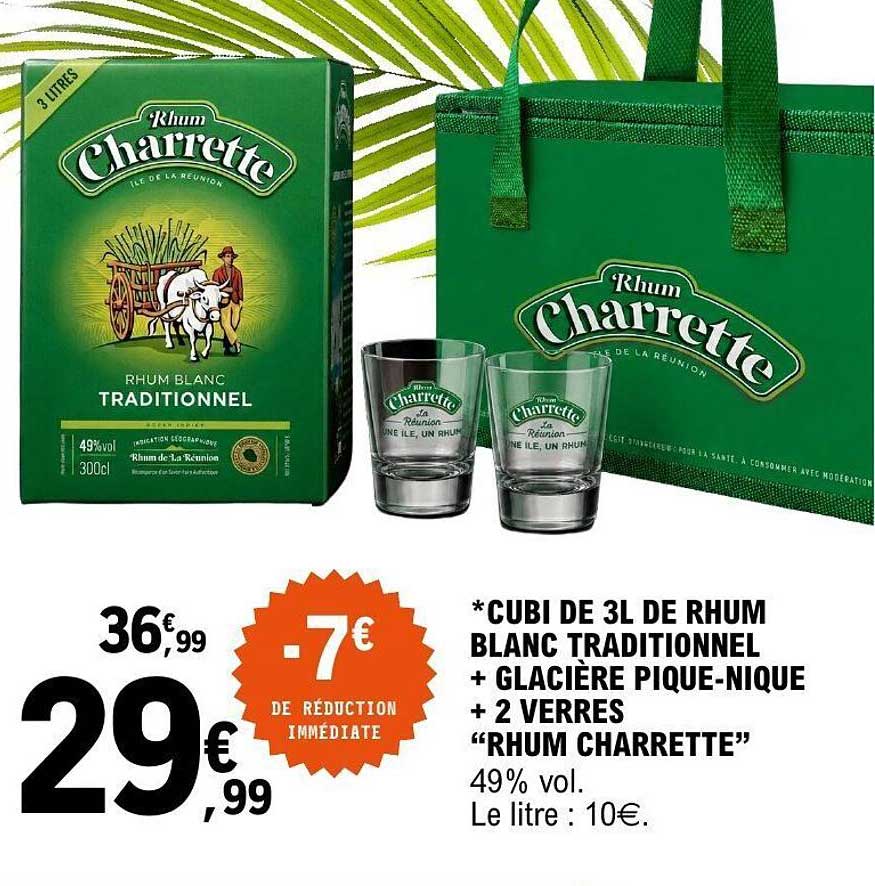*CUBI DE 3L DE RHUM BLANC TRADITIONNEL + GLACIÈRE PIQUE-NIQUE + 2 VERRES “RHUM CHARRETTE”