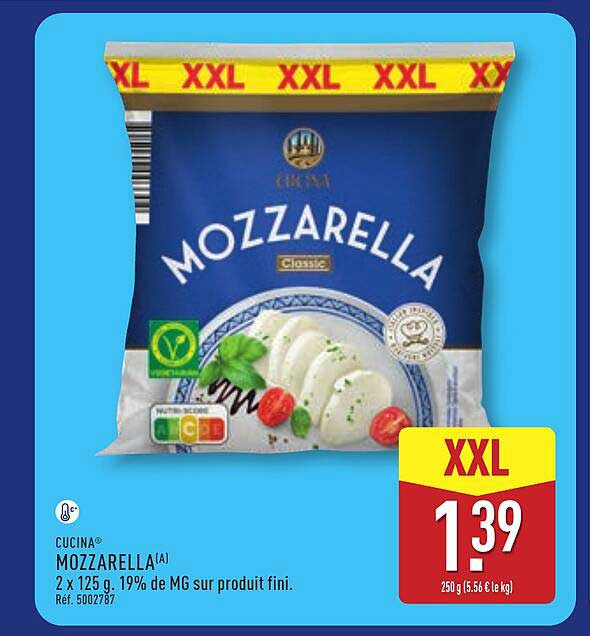 Cucina Mozzarella 2 x 125 g, 19% de MG sur produit fini.