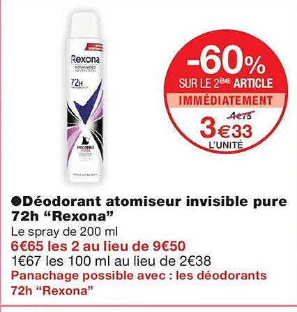 Déodorant atomiseur invisible pure 72h “Rexona”