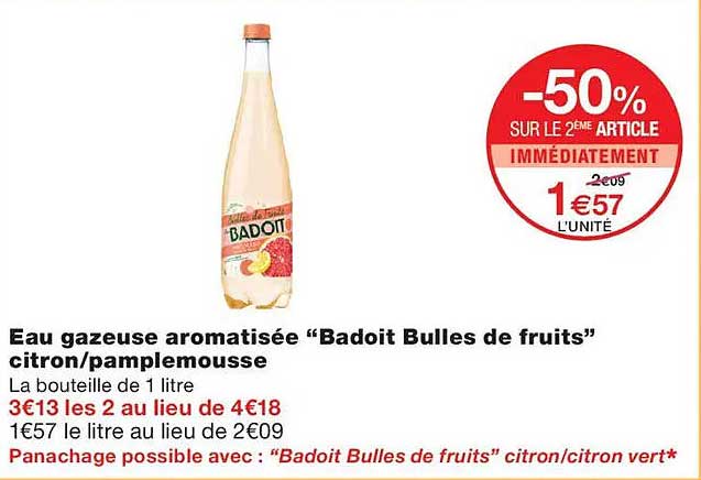 Eau gazeuse aromatisée “Badoit Bulles de fruits” citron/pamplemousse