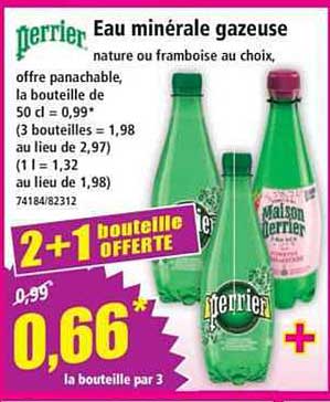 Eau minérale gazeuse nature ou framboise au choix, offre panachable, la bouteille de 50 cl = 0,99* (3 bouteilles = 1,98 au lieu de 2,97) (1 l = 1,32 au lieu de 1,98)