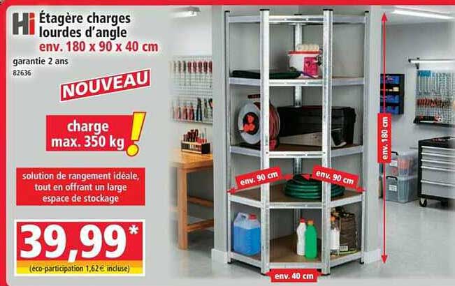 Étagère charges lourdes d'angle env. 180 x 90 x 40 cm