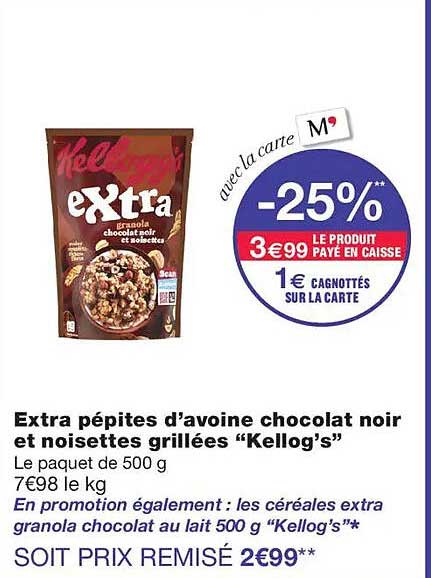 Extra pépites d’avoine chocolat noir et noisettes grillées “Kellogg’s”