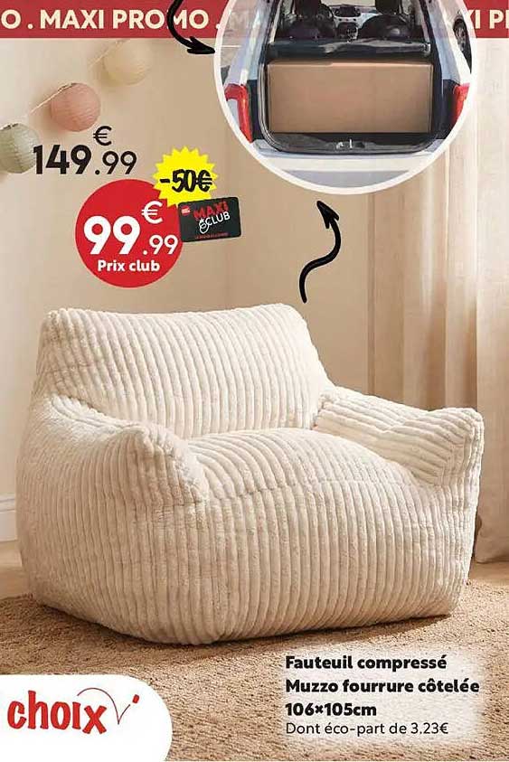 Fauteuil compressé Muzzo fourrure côtelée 106*105cm