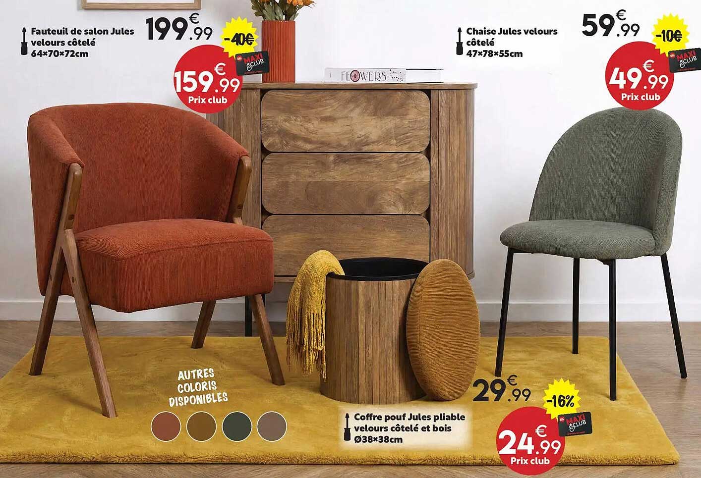 Fauteuil de salon Jules velours côtelé 64×70×72cm