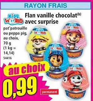 Flan vanille chocolat(b) avec surprise pat'patrouille ou peppa pig, au choix, 70 g