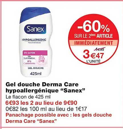 Gel douche Derma Care hypoallergénique “Sanex”