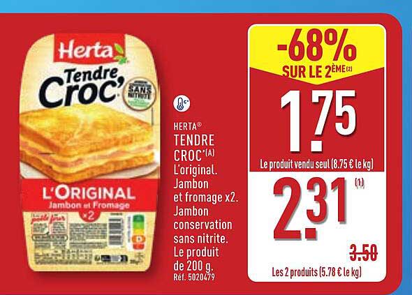 HERTA Tendre Croc'L'original. Jambon et fromage x2. Jambon conservation sans nitrite. Le produit de 200 g. Réf. 5020479