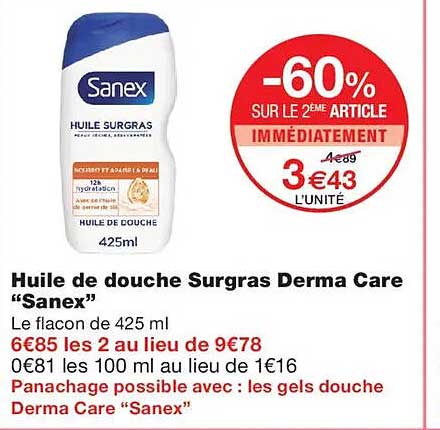 Huile de douche Surgras Derma Care “Sanex”