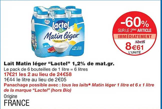 Lait Matin léger “Lactel” 1,2% de mat.gr.