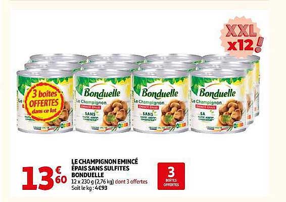 LE CHAMPIGNON ÉMINCÉ ÉPAIS SANS SULFITES BONDUELLE 12 x 230 g (2,76 kg) dont 3 offertes