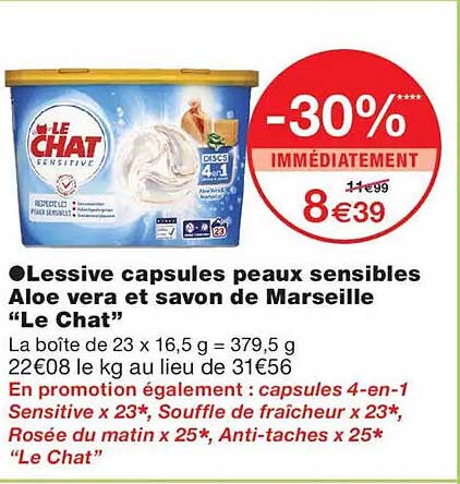 Lessive capsules peaux sensibles Aloe vera et savon de Marseille "Le Chat"